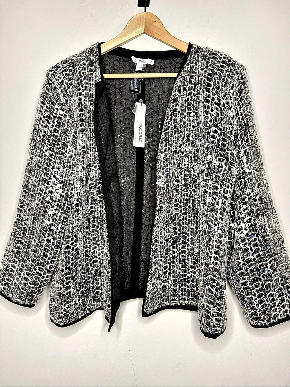 NWT Chico's Travelers Collection Refined Sequins Netted Jacket Serene Gray size